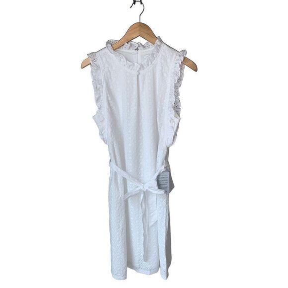 London Times White Eyelet Ruffled Neck and Armhole Mini Dress with Waist Tie - Picture 5 of 12